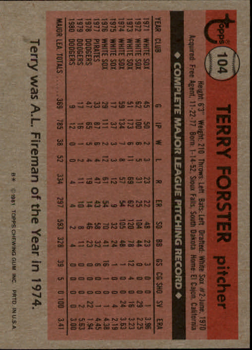 1981 Topps #104 Terry Forster back image