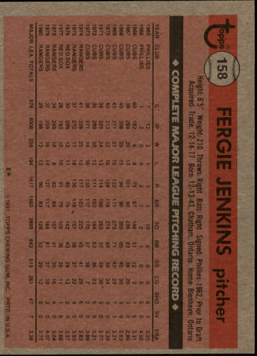 1981 Topps #158 Fergie Jenkins back image