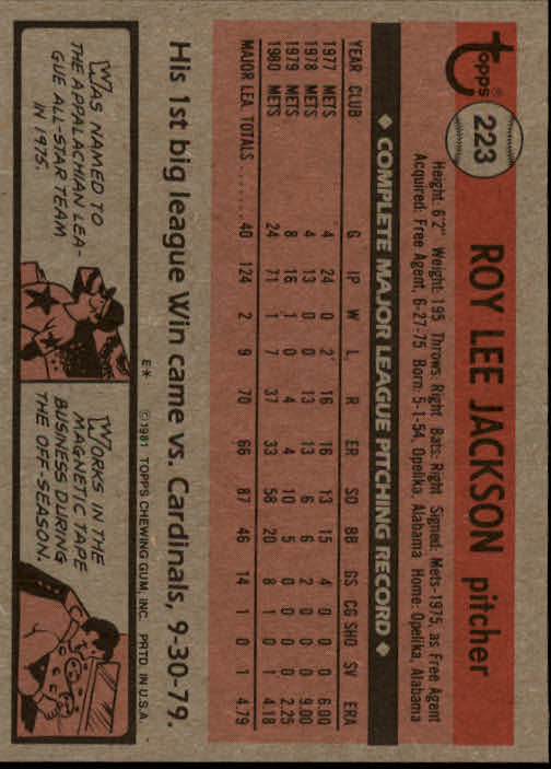 1981 Topps #223 Roy Lee Jackson RC back image