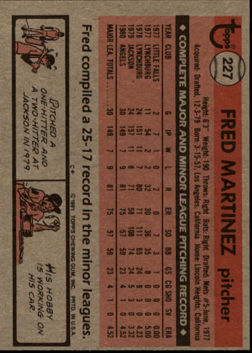 1981 Topps #227 Fred Martinez RC back image