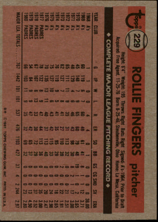 1981 Topps #229 Rollie Fingers back image