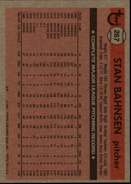 1981 Topps #267 Stan Bahnsen back image