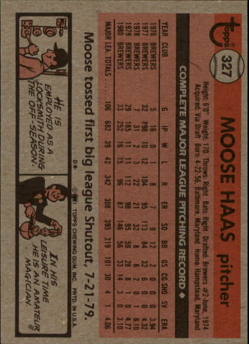 1981 Topps #327 Moose Haas back image