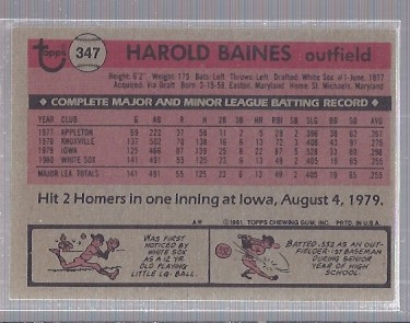 1981 Topps #347 Harold Baines RC back image