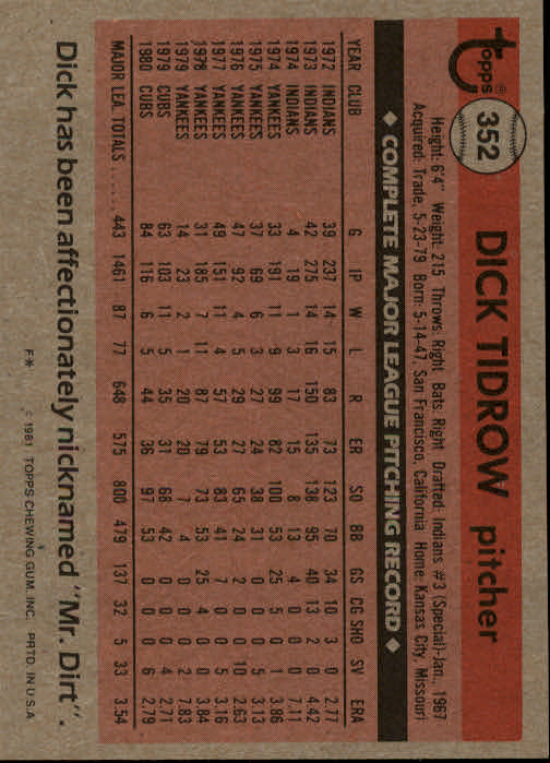 1981 Topps #352 Dick Tidrow DP back image