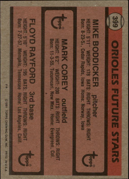 1981 Topps #399 Mike Boddicker RC/Mark Corey/Floyd Rayford RC back image