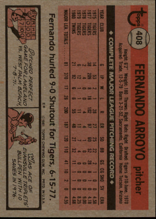 1981 Topps #408 Fernando Arroyo back image