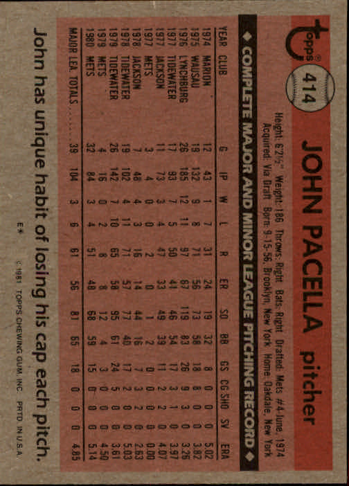 1981 Topps #414 John Pacella DP RC back image