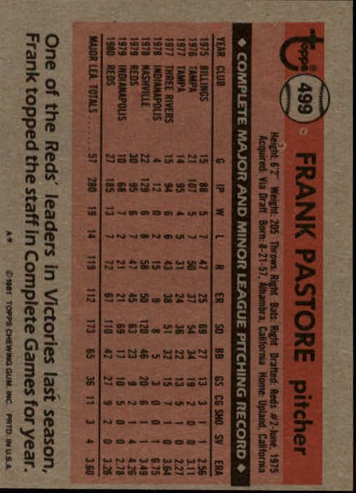 1981 Topps #499 Frank Pastore back image