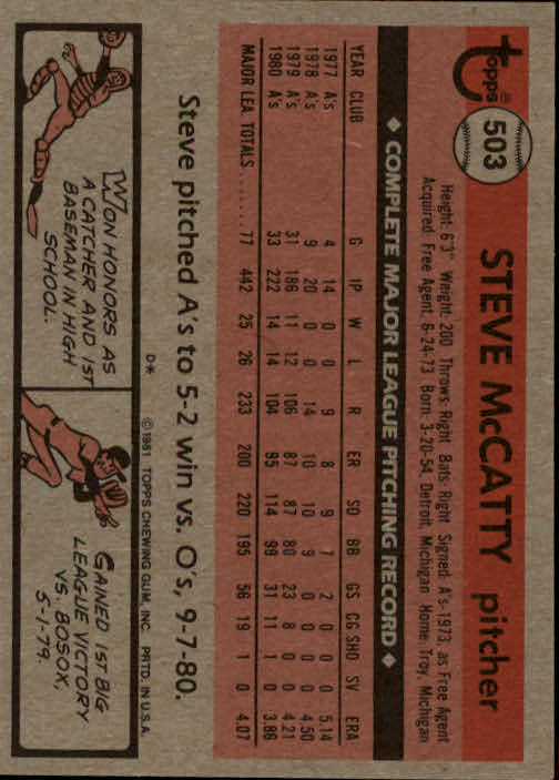 1981 Topps #503 Steve McCatty back image