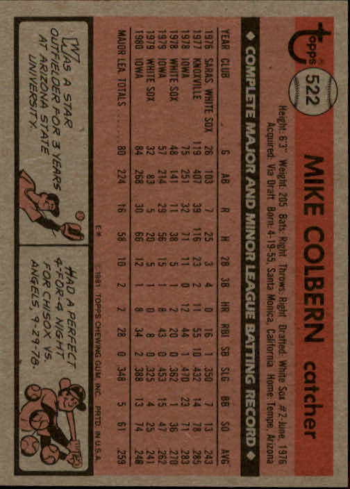 1981 Topps #522 Mike Colbern back image