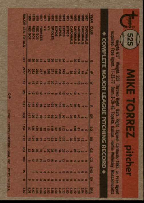 1981 Topps #525 Mike Torrez back image