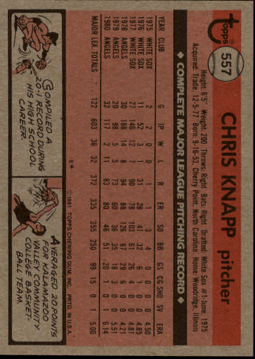 1981 Topps #557 Chris Knapp back image