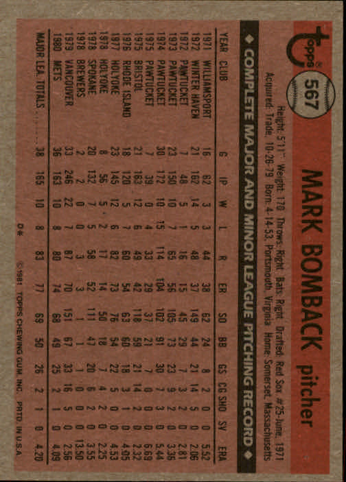 1981 Topps #567 Mark Bomback RC back image