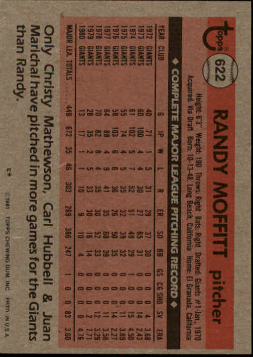 1981 Topps #622 Randy Moffitt back image