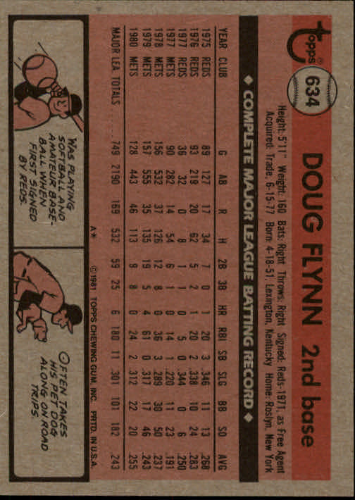 1981 Topps #634 Doug Flynn back image