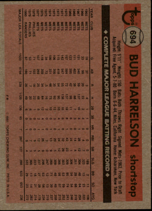 1981 Topps #694 Bud Harrelson DP back image