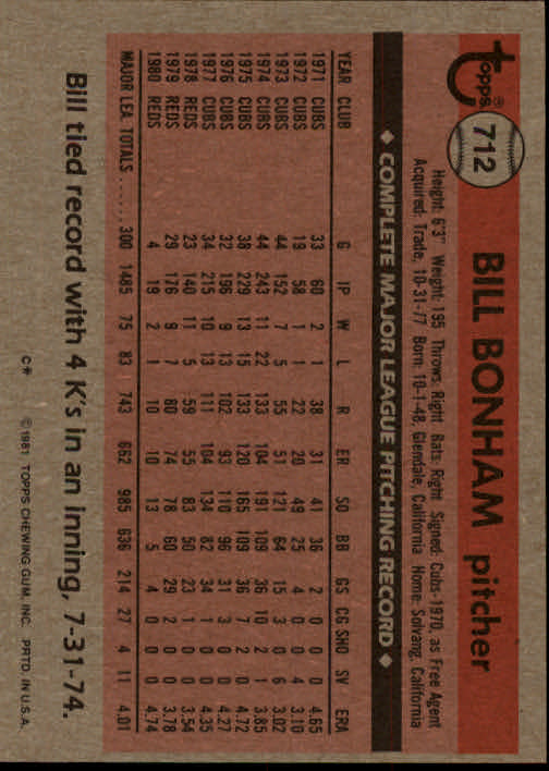 1981 Topps #712 Bill Bonham back image