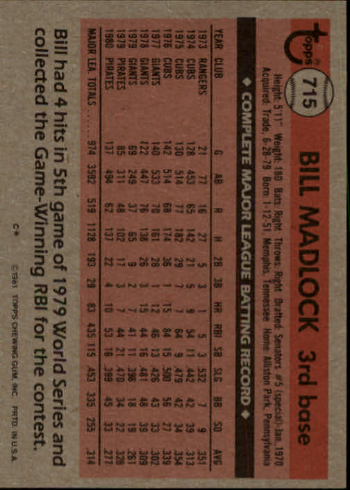 1981 Topps #715 Bill Madlock back image