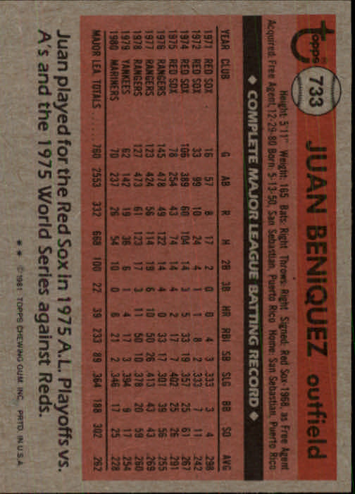 1981 Topps Traded #733 Juan Beniquez back image