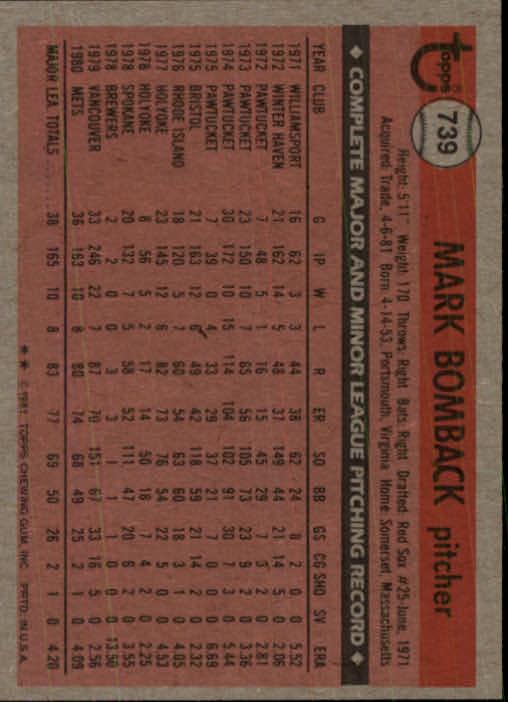 1981 Topps Traded #739 Mark Bomback back image