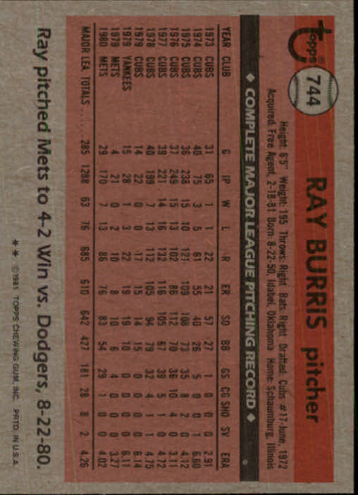 1981 Topps Traded #744 Ray Burris back image