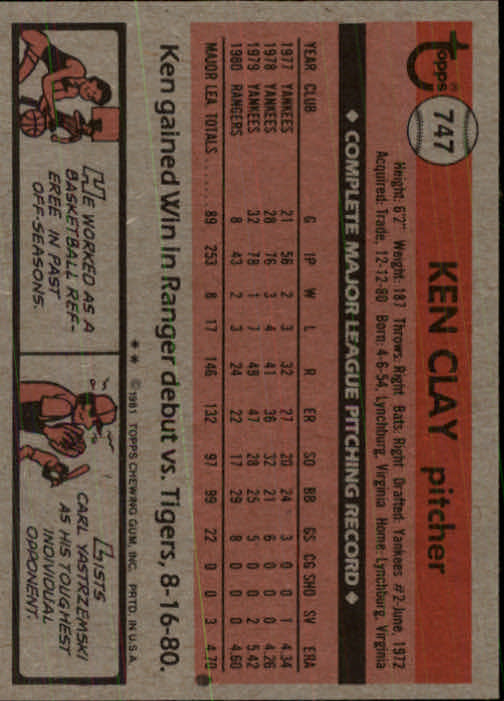 1981 Topps Traded #747 Ken Clay back image