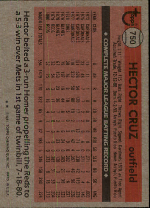 1981 Topps Traded #750 Hector Cruz back image