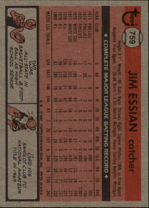 1981 Topps Traded #759 Jim Essian back image