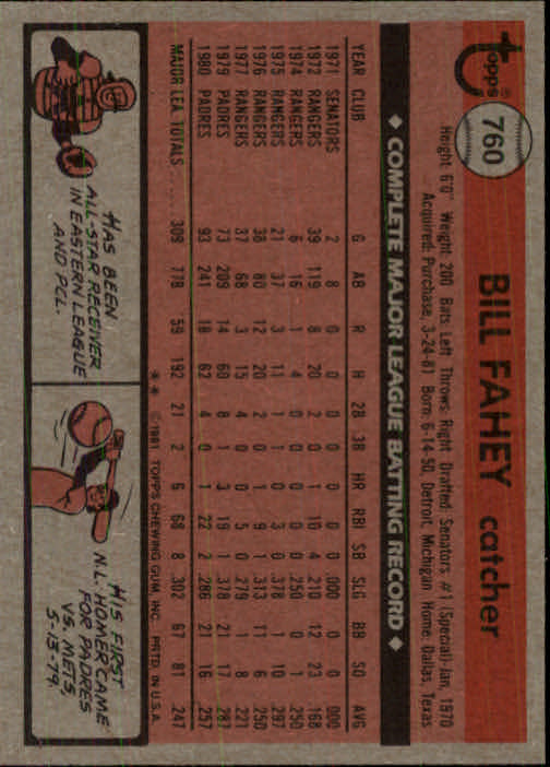 1981 Topps Traded #760 Bill Fahey back image