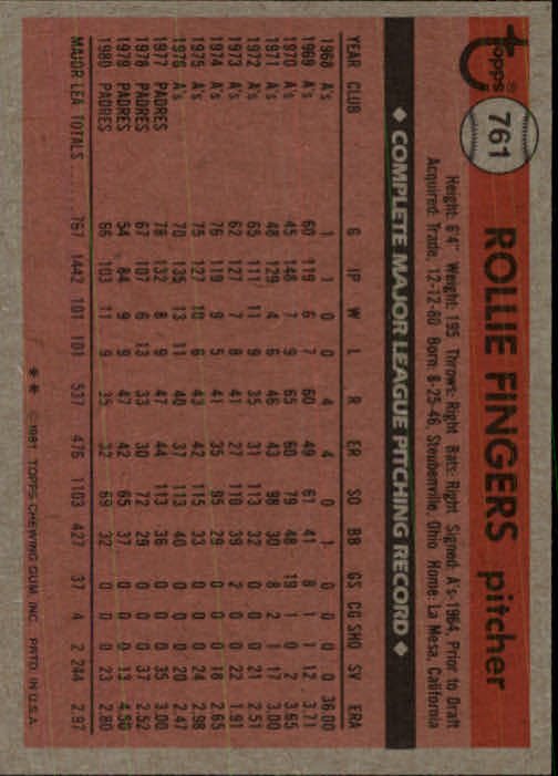 1981 Topps Traded #761 Rollie Fingers back image