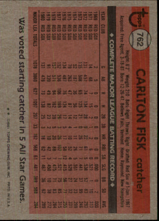 1981 Topps Traded #762 Carlton Fisk back image