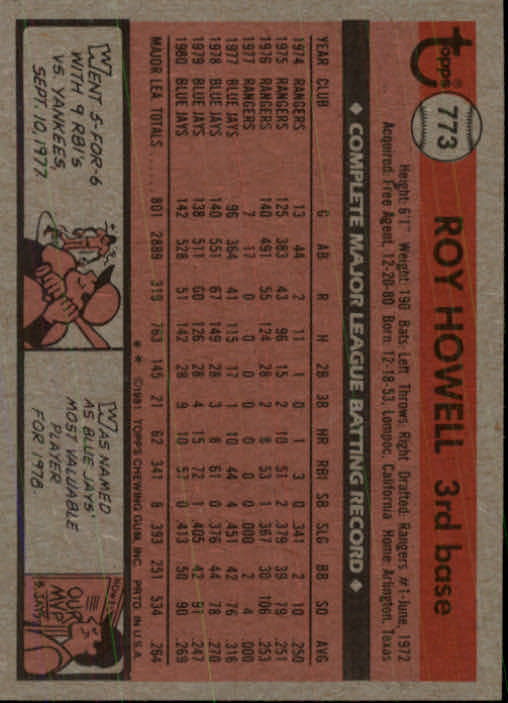 1981 Topps Traded #773 Roy Howell back image