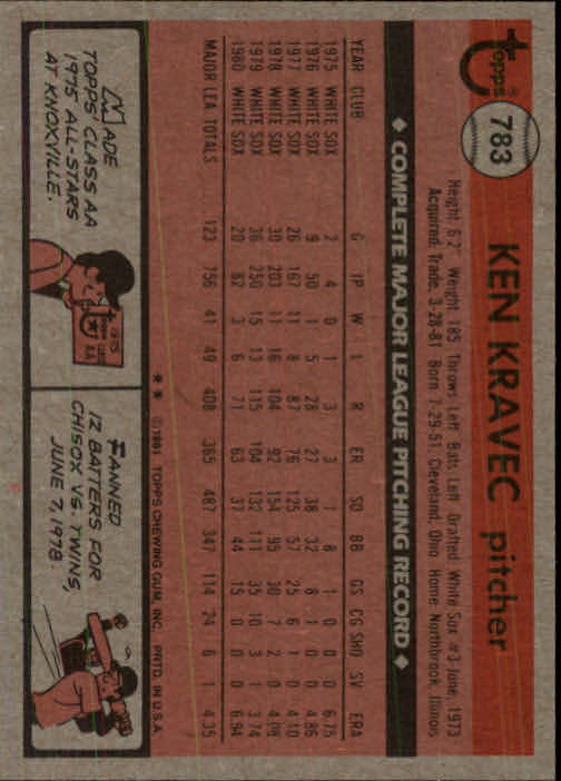 1981 Topps Traded #783 Ken Kravec back image