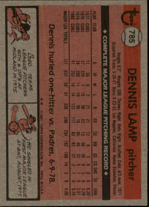 1981 Topps Traded #785 Dennis Lamp back image