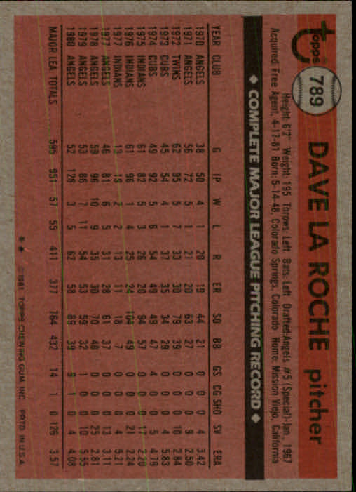 1981 Topps Traded #789 Dave LaRoche back image