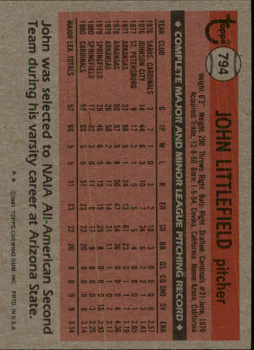 1981 Topps Traded #794 John Littlefield back image