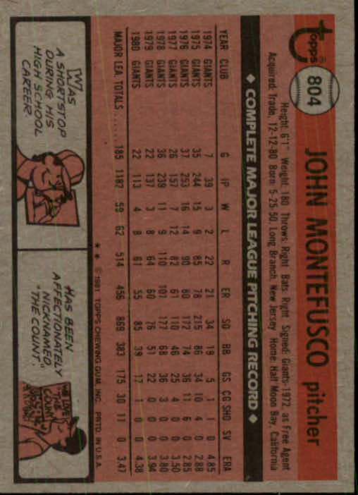 1981 Topps Traded #804 John Montefusco back image