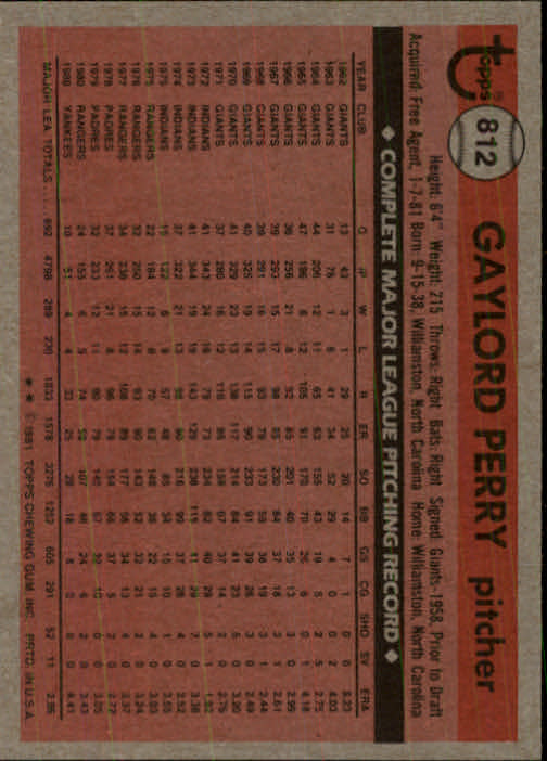 1981 Topps Traded #812 Gaylord Perry back image