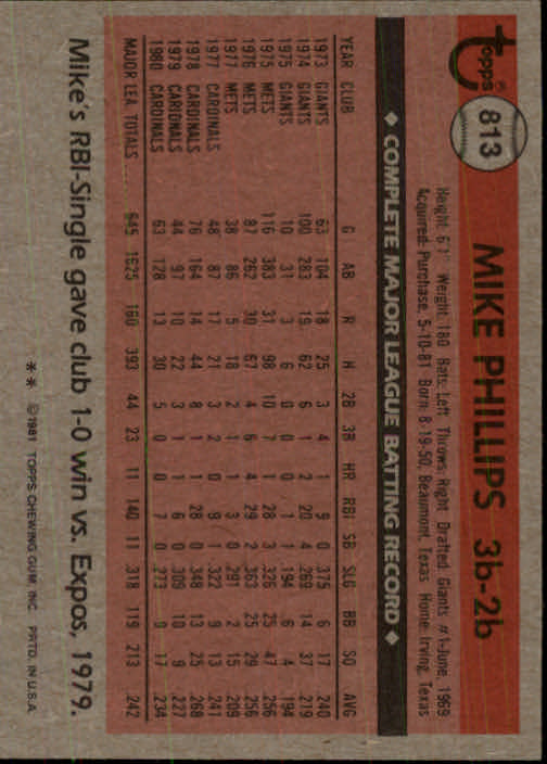 1981 Topps Traded #813 Mike Phillips back image