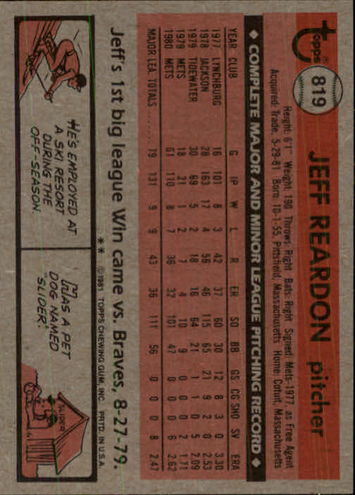 1981 Topps Traded #819 Jeff Reardon back image