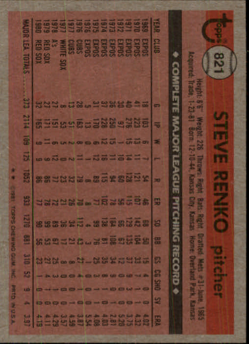 1981 Topps Traded #821 Steve Renko back image