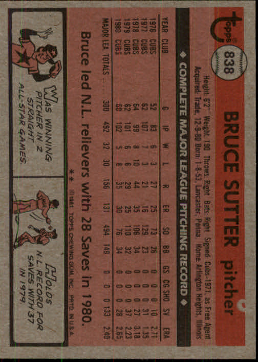 1981 Topps Traded #838 Bruce Sutter back image