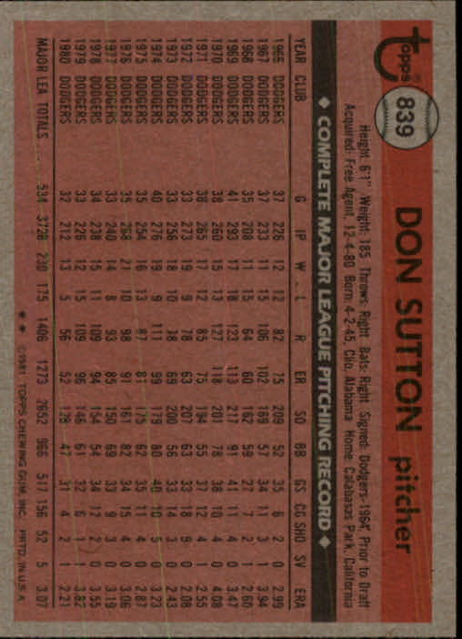 1981 Topps Traded #839 Don Sutton back image