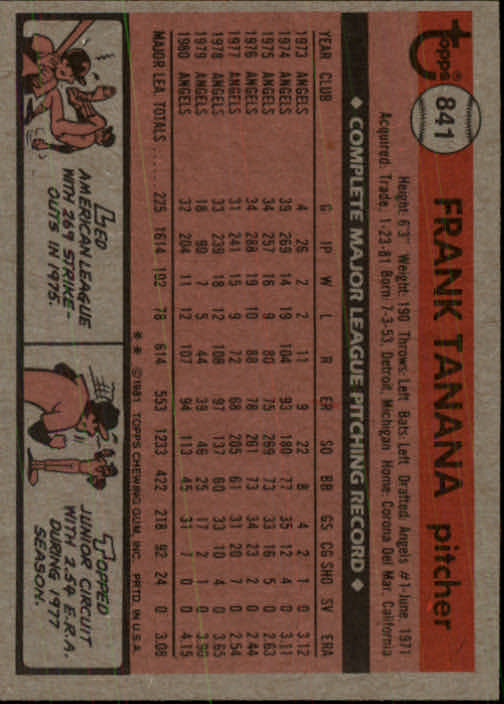 1981 Topps Traded #841 Frank Tanana back image