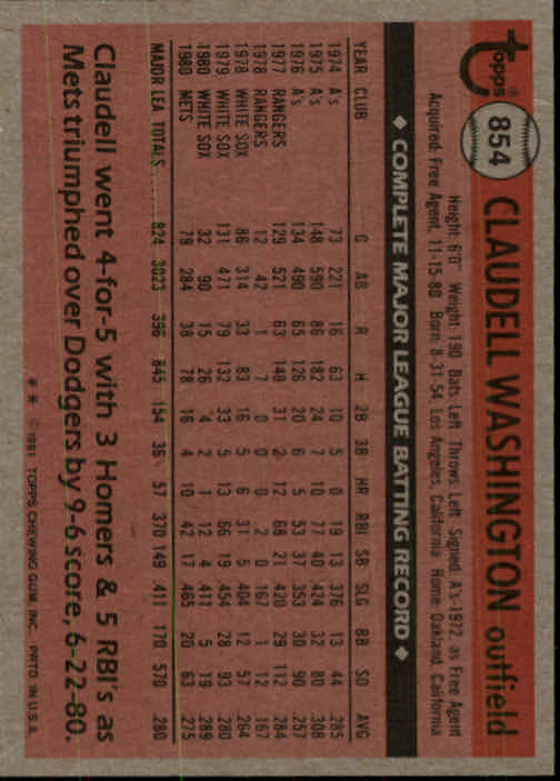 1981 Topps Traded #854 Claudell Washington back image