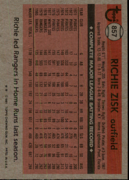 1981 Topps Traded #857 Richie Zisk back image