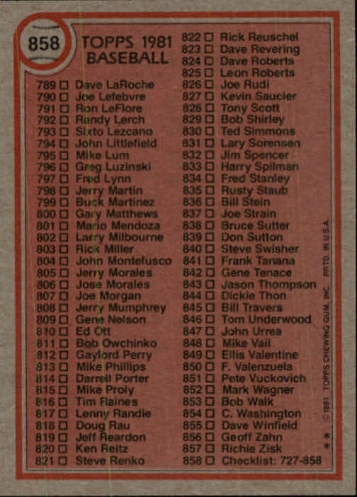 1981 Topps Traded #858 Checklist 727-858 back image