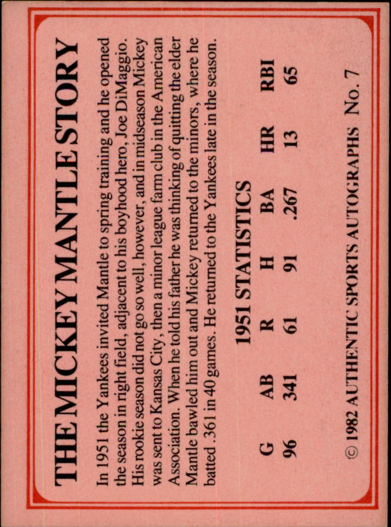 1982 ASA Mickey Mantle #7 Mickey Mantle/Joe DiMaggio/Ted Williams back image