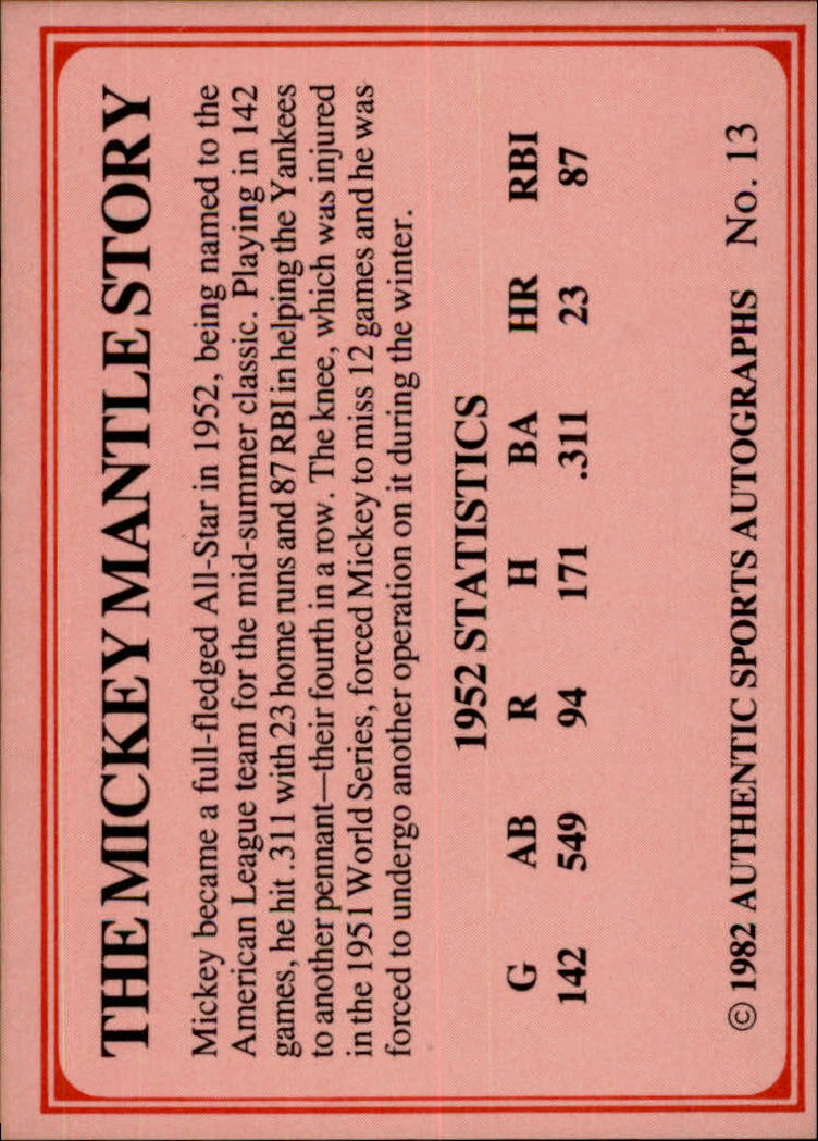 1982 ASA Mickey Mantle #13 Mickey Mantle/1952 Season back image